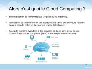 Alors c’est quoi le Cloud Computing ?
• Externalisation de l’informatique (logiciel et/ou matériel).
• l’utilisation de la mémoire et des capacités de calcul des serveurs répartis
dans le monde entier et liés par un réseau tel internet.
• Accès de manière évolutive à des services en ligne sans avoir besoin
d’une infrastructure complexe. (le PC = un moyen de connexion).
5
 