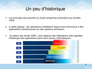 Un peu d’historique
• Les principes sous-jacents au cloud computing remontent aux années
1950.
• A cette epoque , les utilisateurs accèdaient depuis leurs terminaux à des
applications fonctionnants sur des systeme centreaux .
• Au debut des année 2000 , sont apparus des hébergeurs web capables
d'héberger des applications dans leurs locaux informatiques .
G1
G2
G3
G4
G5
6
 