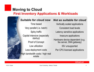 Moving to Cloud
                First Inventory Applications & Workloads
                    Suitable for cloud now Not as suitable for cloud
                              Time based                                 Vertically scaled applications
                        Very parallel (i.e. batch)                            Consistent load levels
                              Spiky traffic                             Latency sensitive applications
                      Capital intensive (especially                           Insecure applications
                                 startup)
                                                                    Hardware device dependent (e.g.
                           Proof of Concept                             fax server, SNA gateway)
                             Low utilization                                    ISV unsupported
                        Less deployment costs                          Per CPU licensed applications
                    High bandwidth costs / high real
                                estate


© 2011 Oracle                            Cloud Computing – Making IT Simple                               4
 