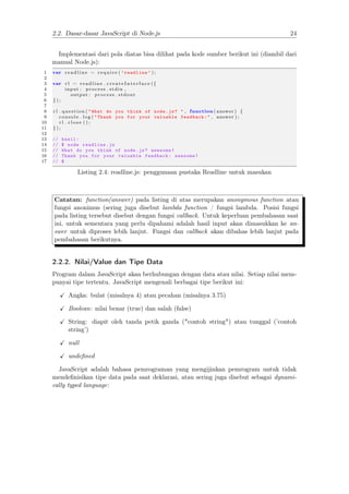 2.2. Dasar-dasar JavaScript di Node.js 24
Implementasi dari pola diatas bisa dilihat pada kode sumber berikut ini (diambil...