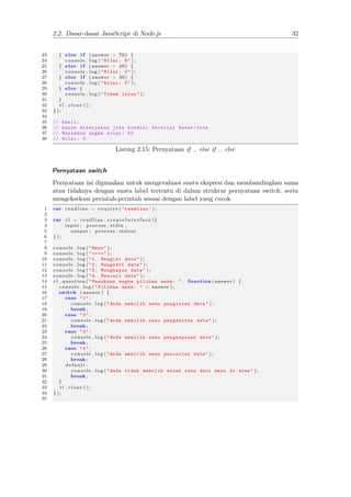 2.2. Dasar-dasar JavaScript di Node.js 32
23 } else i f ( answer > 70) {
24 console . log ( "Nilai: B" ) ;
25 } else i f (...