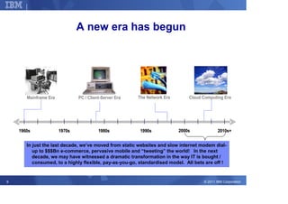 Corporate Strategy



                               A new era has begun




       Mainframe Era           PC / Client-Server Era   The Network Era       Cloud Computing Era




    1960s              1970s             1980s           1990s            2000s              2010s+


       In just the last decade, we’ve moved from static websites and slow internet modem dial-
          up to $$$Bn e-commerce, pervasive mobile and “tweeting” the world! In the next
          decade, we may have witnessed a dramatic transformation in the way IT is bought /
          consumed, to a highly flexible, pay-as-you-go, standardised model. All bets are off !


9                                                                                    © 2011 IBM Corporation
 