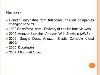 HISTORY
 Concept originated from telecommunication companies
changing to VPN
 1999:Salesforce. com ‐ Delivery of applications via web
 2002: Amazon launches Amazon Web Services (AWS)
 2006: Google Docs, Amazon Elastic Compute Cloud
(EC2)
 2008: Eucalyptus
 2009: Microsoft Azure
 