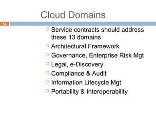 Cloud Domains
14
 Service contracts should address
these 13 domains
 Architectural Framework
 Governance, Enterprise Risk Mgt
 Legal, e-Discovery
 Compliance & Audit
 Information Lifecycle Mgt
 Portability & Interoperability
 