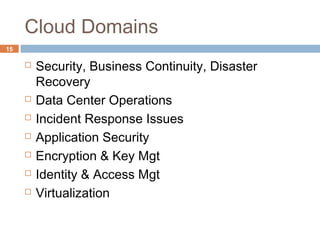 Cloud Domains
15
 Security, Business Continuity, Disaster
Recovery
 Data Center Operations
 Incident Response Issues
 Application Security
 Encryption & Key Mgt
 Identity & Access Mgt
 Virtualization
 