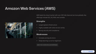 Amazon Web Services (AWS)
AWS leads the cloud market with over 200 fully featured services globally. Key
offerings include EC2, S3, RDS, and Lambda.
Strengths
Largest global infrastructure
Highly scalable with wide service variety
Strong security and compliance
Weaknesses
Complex pricing structure
Steep learning curve for beginners
BEST FOR: STARTUPS & ENTERPRISES
 