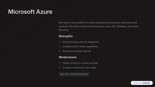 Microsoft Azure
Microsoft's cloud platform is widely adopted by enterprises using Microsoft
products. Services include Virtual Machines, Azure SQL Database, and Active
Directory.
Strengths
Strong Windows Server integration
Excellent hybrid cloud capabilities
Enterprise-friendly features
Weaknesses
Higher pricing for certain services
Complex interface for new users
BEST FOR: LARGE ENTERPRISES
 