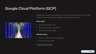 Google Cloud Platform (GCP)
Google Cloud excels in data analytics, AI, and machine learning. Key services include
Compute Engine, Cloud Storage, BigQuery, and Kubernetes Engine.
Strengths
Advanced AI and ML tools
Strong data analytics capabilities
Competitive pricing models
Weaknesses
Smaller market share than competitors
Fewer enterprise clients
BEST FOR: AI/ML PROJECTS
 
