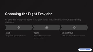 Choosing the Right Provider
The optimal cloud service provider depends on your specific business needs, technical requirements, budget, and existing
infrastructure.
AWS
Large-scale global applications
Azure
Microsoft-based enterprise
environments
Google Cloud
AI/ML and analytics-focused projects
 
