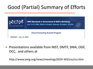 Where are the Standards Targeted?Corporate Standards VMware’s vCloud API Programming Guide vCloud API Version 0.8 (IaaS)