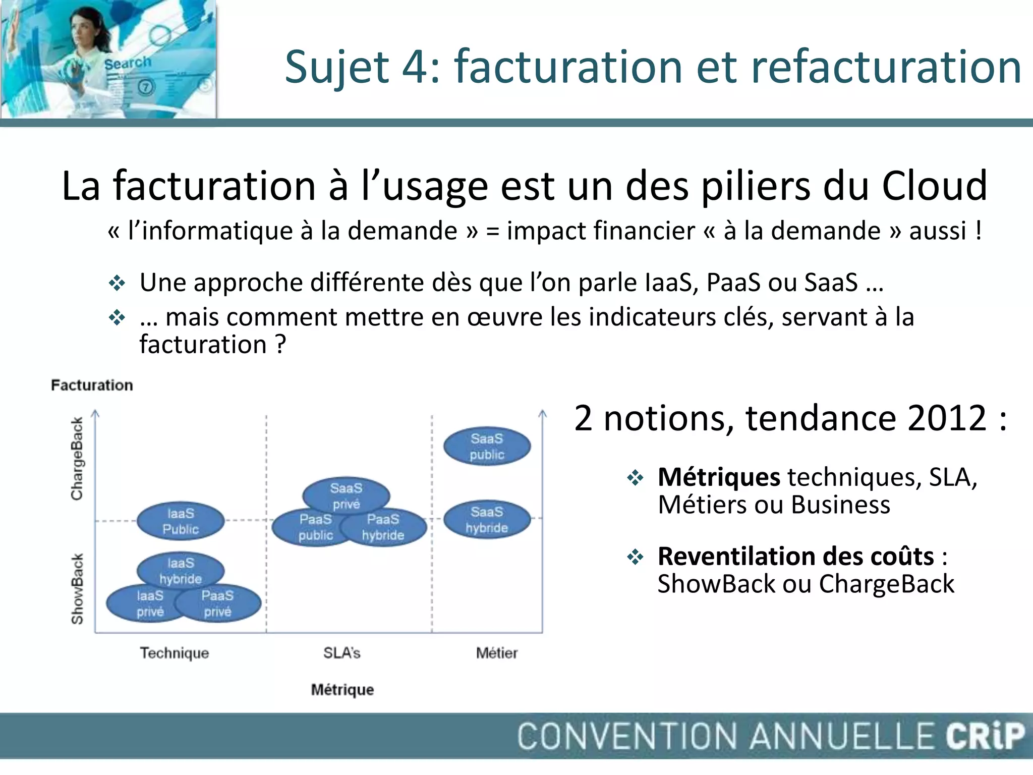 Sujet 4: facturation et refacturation

La facturation à l’usage est un des piliers du Cloud
  « l’informatique à la demande » = impact financier « à la demande » aussi !
     Une approche différente dès que l’on parle IaaS, PaaS ou SaaS …
     … mais comment mettre en œuvre les indicateurs clés, servant à la
      facturation ?

                                          2 notions, tendance 2012 :
                                                 Métriques techniques, SLA,
                                                  Métiers ou Business
                                                 Reventilation des coûts :
                                                  ShowBack ou ChargeBack
 