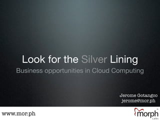 Look for the Silver Lining
    Business opportunities in Cloud Computing


                                     Jerome Gotangco
                                      jerome@mor.ph

www.mor.ph
 