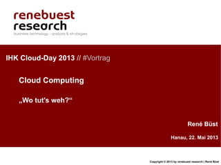 Copyright © 2013 by renebuest research | René Büst
Hanau, 22. Mai 2013
René Büst
IHK Cloud-Day 2013 // #Vortrag
Cloud Computing
„Wo tut's weh?“
 