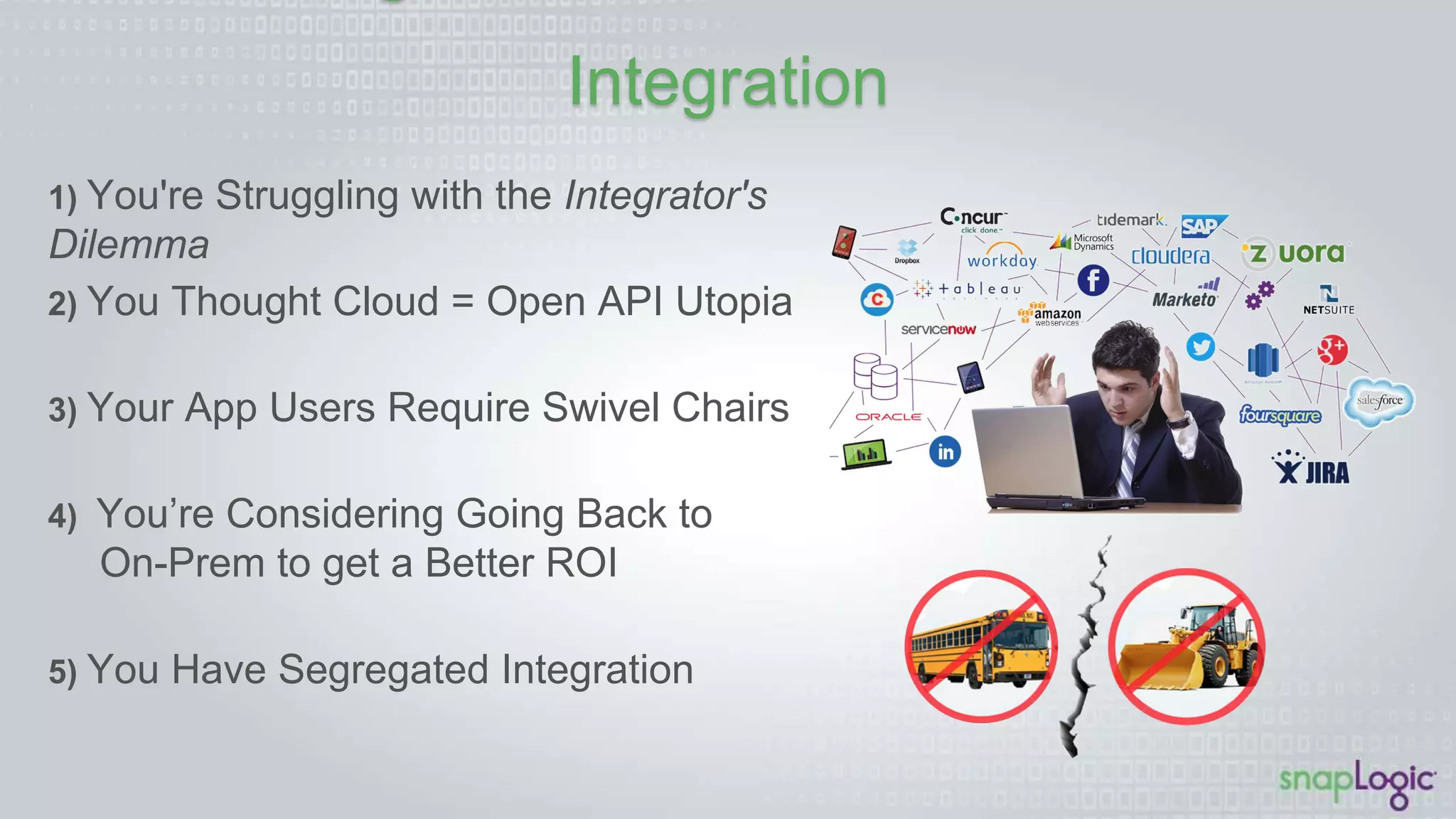5 SignsYou Need Better Cloud Integration
1) You're Struggling with the Integrator's Dilemma
2) You Thought Cloud = Open API Utopia
5) You Have Segregated Integration
3) Your App Users Require Swivel Chairs
4) You’re Considering Going Back to
On-Prem to get a Better ROI
 