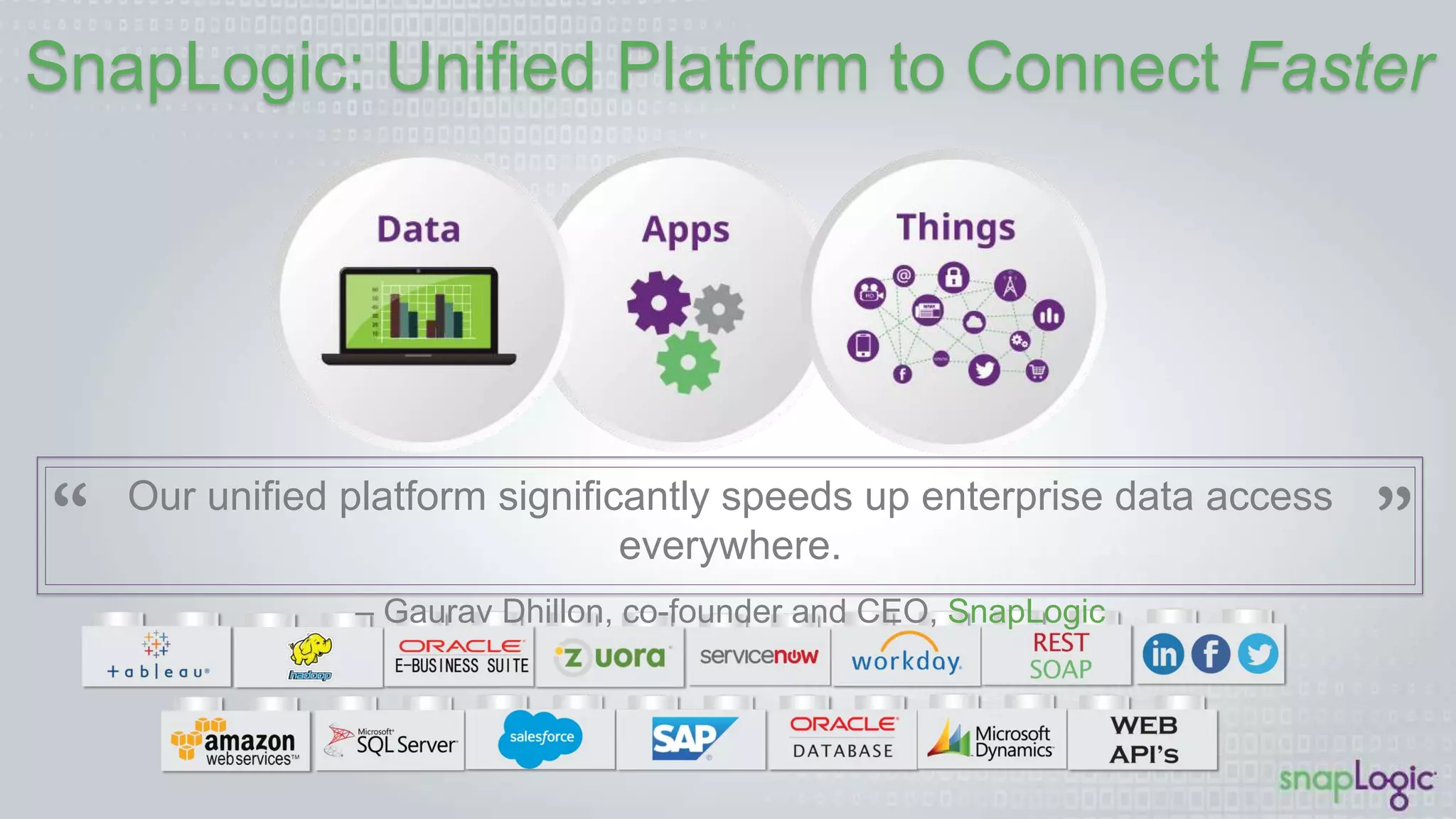 SnapLogic: Uniﬁed Platform to Connect Faster
Our uniﬁed platform signiﬁcantly speeds up enterprise data access everywhere.
– Gaurav Dhillon, co-founder and CEO, SnapLogic
 
