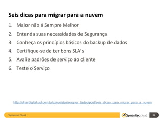 Seis dicas para migrar para a nuvem
1. Maior não é Sempre Melhor
2. Entenda suas necessidades de Segurança
3. Conheça os princípios básicos do backup de dados
4. Certifique-se de ter bons SLA’s
5. Avalie padrões de serviço ao cliente
6. Teste o Serviço




   http://olhardigital.uol.com.br/colunistas/wagner_tadeu/post/seis_dicas_para_migrar_para_a_nuvem



Symantec.Cloud                                                                                       31
 