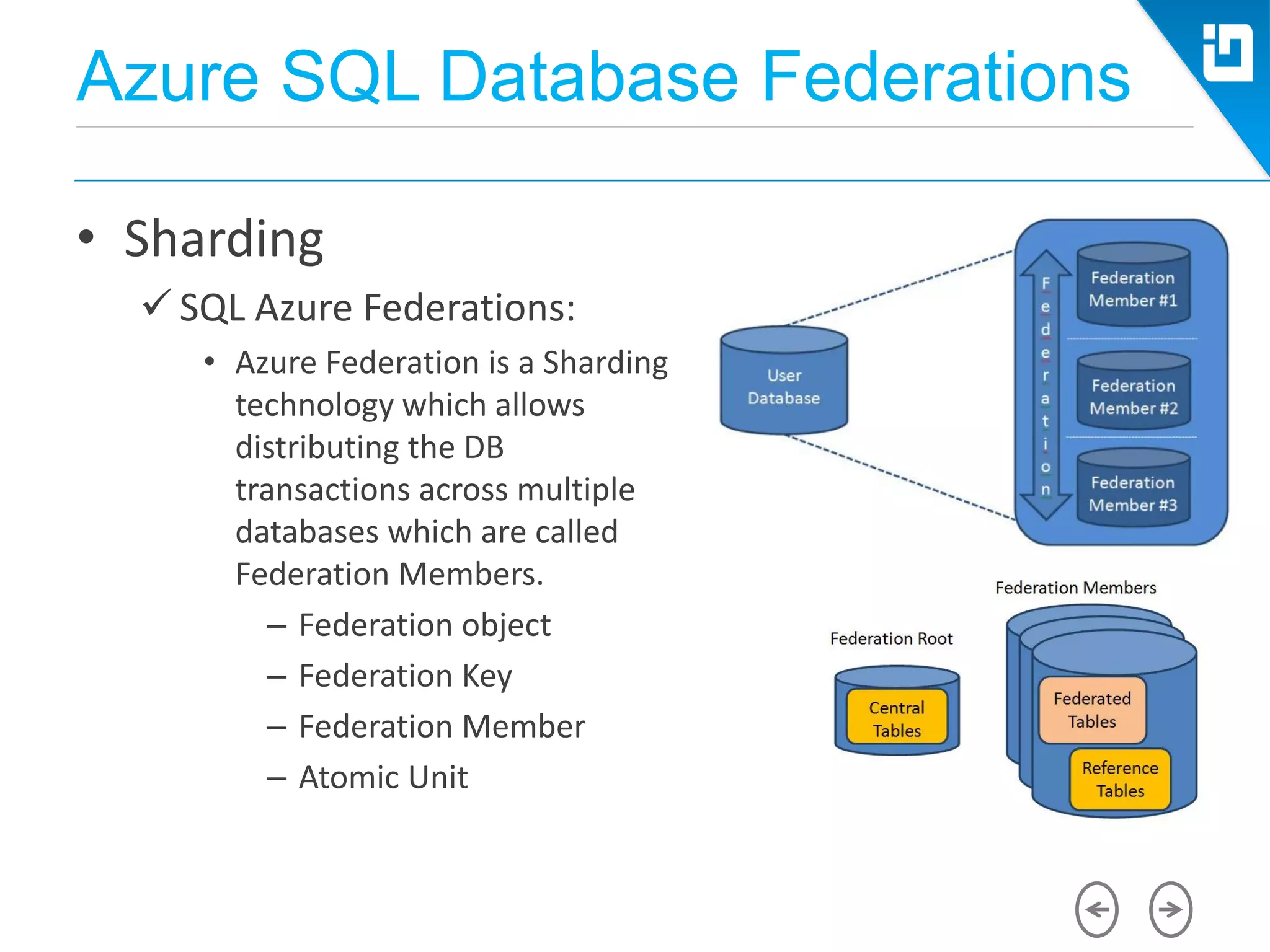 Azure SQL Database Federations
• Sharding
 SQL Azure Federations:
• Azure Federation is a Sharding
technology which allows
distributing the DB
transactions across multiple
databases which are called
Federation Members.
– Federation object
– Federation Key
– Federation Member
– Atomic Unit
 