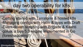 @bridgetkromhout #yow18
day two operability for k8s
-Getting started with Terraform & hosted k8s
-Managing configs with Helm & apps with Draft
-Event-driven scripting with Brigade & Kashti
-golua, a Lua 5.3 engine implemented in Go
(foreshadowing!)
 