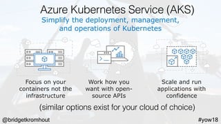 @bridgetkromhout #yow18
Simplify the deployment, management,
and operations of Kubernetes
Work how you  
want with open-
source APIs
Scale and run
applications with
confidence
Focus on your
containers not the
infrastructure
Azure Kubernetes Service (AKS)
(similar options exist for your cloud of choice)
 