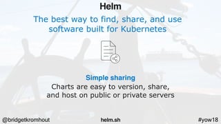 @bridgetkromhout #yow18
The best way to find, share, and use
software built for Kubernetes
Simple sharing
Charts are easy to version, share,
and host on public or private servers
Helm
helm.sh
 