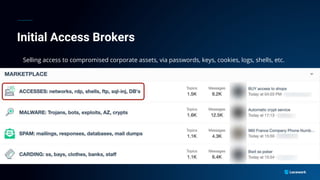 Initial Access Brokers
Selling access to compromised corporate assets, via passwords, keys, cookies, logs, shells, etc.
 