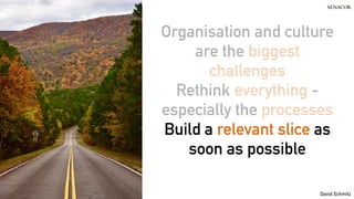 @koenighotze
David Schmitz
Organisation and culture
are the biggest
challenges
Rethink everything -
especially the processes
Build a relevant slice as
soon as possible
 