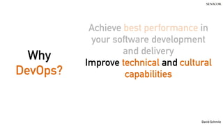 David Schmitz
Why
DevOps?
Achieve best performance in
your software development
and delivery
Improve technical and cultural
capabilities
 