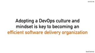 David Schmitz
Adopting a DevOps culture and
mindset is key to becoming an
efficient software delivery organization
 