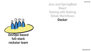 @koenighotze
David Schmitz
Java and SpringBoot
React
Testing with Gatling
Gitlab Workflows
Docker
DevOps-based
full-stack
rockstar team
 