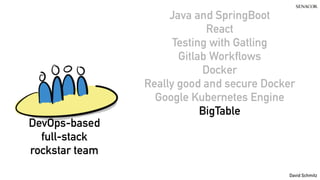@koenighotze
David Schmitz
Java and SpringBoot
React
Testing with Gatling
Gitlab Workflows
Docker
Really good and secure Docker
Google Kubernetes Engine
BigTable
DevOps-based
full-stack
rockstar team
 