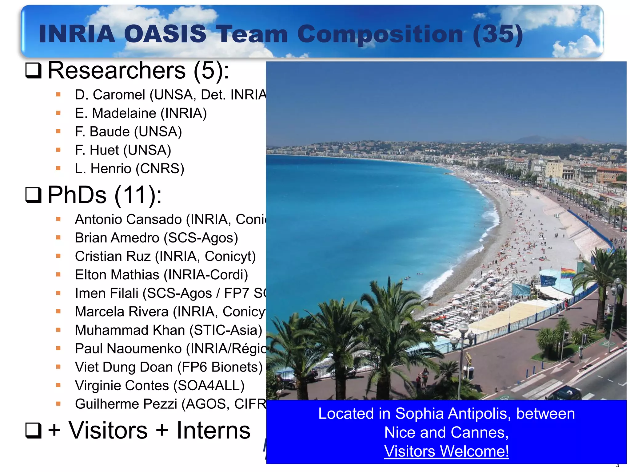 INRIA OASIS Team Composition (35)
 Researchers (5):    PostDoc (1):
      D. Caromel (UNSA, Det. INRIA)                  Regis Gascon (INRIA)
      E. Madelaine (INRIA)                    Engineers (10):
      F. Baude (UNSA)                                Elaine Isnard (AGOS)
      F. Huet (UNSA)                                 Fabien Viale (ANR OMD2, Renault )
      L. Henrio (CNRS)                               Franca Perrina (AGOS)

 PhDs (11):                                      
                                                  
                                                       Germain Sigety (INRIA)
                                                       Yu Feng (ETSI, FP6 EchoGrid)
      Antonio Cansado (INRIA, Conicyt)               Bastien Sauvan (ADT Galaxy)
      Brian Amedro (SCS-Agos)                        Florin-Alexandru.Bratu (INRIA CPER)
      Cristian Ruz (INRIA, Conicyt)                  Igor Smirnov (Microsoft)
      Elton Mathias (INRIA-Cordi)                    Fabrice Fontenoy (AGOS)
      Imen Filali (SCS-Agos / FP7 SOA4All)           Open position (Thales)
      Marcela Rivera (INRIA, Conicyt)
                                               Trainee (2):
      Muhammad Khan (STIC-Asia)
                                                      Etienne Vallette d’Osia (Master 2 ISI)
      Paul Naoumenko (INRIA/Région PACA)
                                                      Laurent Vanni           (Master 2 ISI)
      Viet Dung Doan (FP6 Bionets)
      Virginie Contes (SOA4ALL)               Assistants (2):
      Guilherme Pezzi (AGOS, CIFRE SCP)           Patricia Maleyran (INRIA)
                                          Located  Sophia Antipolis,(I3S)
                                                  in Sandra Devauchelle between
 + Visitors + Interns                                Nice and Cannes,
                                                      Visitors Welcome!                   3
                                                                                                3
 