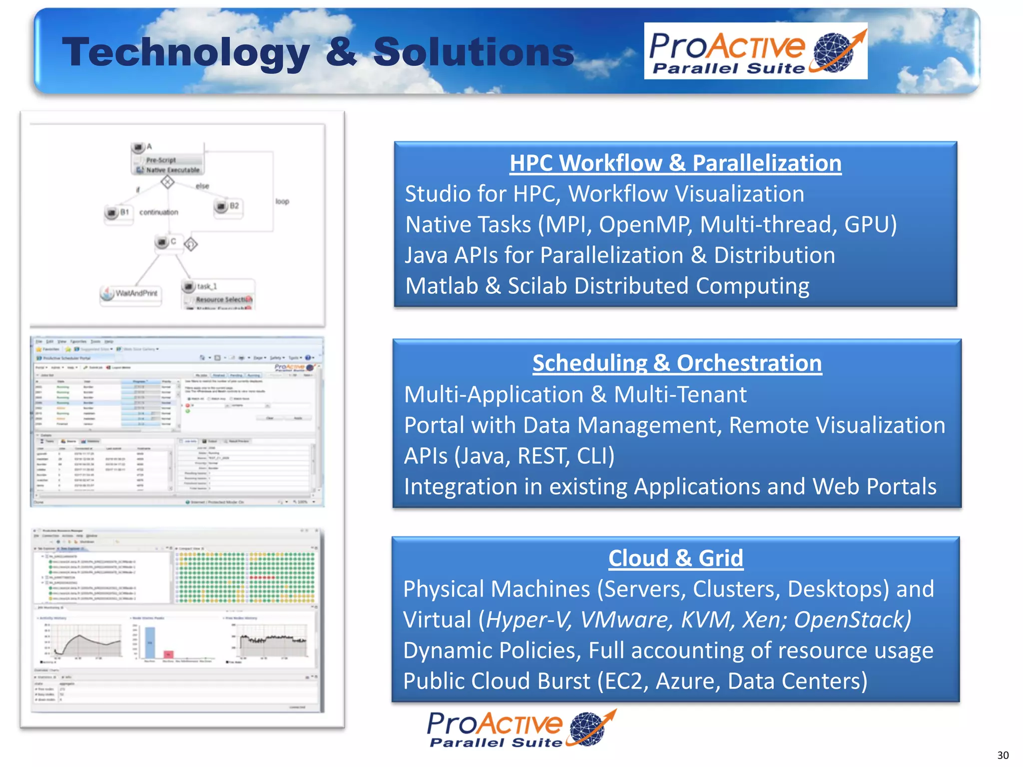 Technology & Solutions

                         HPC Workflow & Parallelization
              Studio for HPC, Workflow Visualization
              Native Tasks (MPI, OpenMP, Multi-thread, GPU)
              Java APIs for Parallelization & Distribution
              Matlab & Scilab Distributed Computing


                           Scheduling & Orchestration
              Multi-Application & Multi-Tenant
              Portal with Data Management, Remote Visualization
              APIs (Java, REST, CLI)
              Integration in existing Applications and Web Portals

                                  Cloud & Grid
              Physical Machines (Servers, Clusters, Desktops) and
              Virtual (Hyper-V, VMware, KVM, Xen; OpenStack)
              Dynamic Policies, Full accounting of resource usage
              Public Cloud Burst (EC2, Azure, Data Centers)

                                                                     30
 