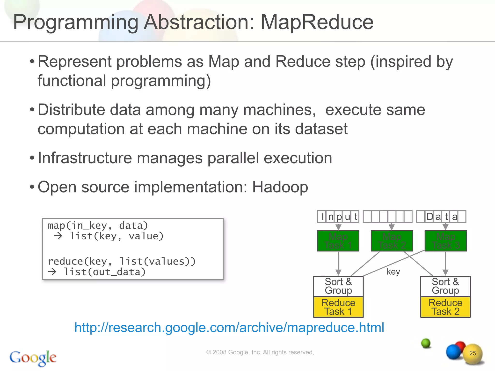 Programming Abstraction: MapReduce
 • Represent problems as Map and Reduce step (inspired by
   functional programming)
 • Distribute data among many machines, execute same
   computation at each machine on its dataset
 • Infrastructure manages parallel execution
 • Open source implementation: Hadoop
                                                                          I npu t            Da t a
   map(in_key, data)
     list(key, value)                                                     Map       Map      Map
                                                                          Task 1    Task 2   Task 3
   reduce(key, list(values))
    list(out_data)                                                                  key
                                                                          Sort &             Sort &
                                                                          Group              Group
                                                                          Reduce             Reduce
                                                                          Task 1             Task 2
       http://research.google.com/archive/mapreduce.html
                               © 2008 Google, Inc. All rights reserved,                               25
 