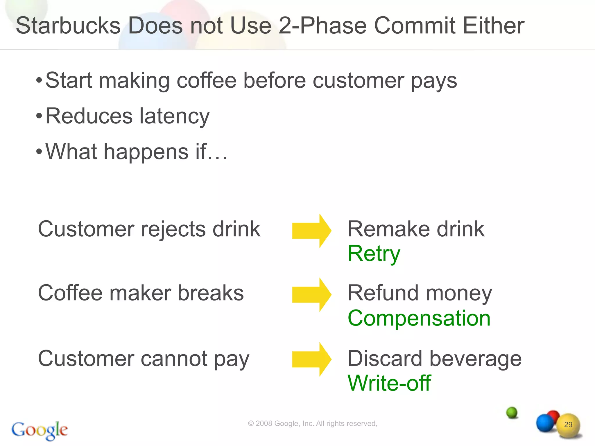Starbucks Does not Use 2-Phase Commit Either

 •Start making coffee before customer pays
 •Reduces latency
 •What happens if…


 Customer rejects drink                              Remake drink
                                                     Retry
 Coffee maker breaks                                 Refund money
                                                     Compensation
 Customer cannot pay                                 Discard beverage
                                                     Write-off
                       © 2008 Google, Inc. All rights reserved,         29
 