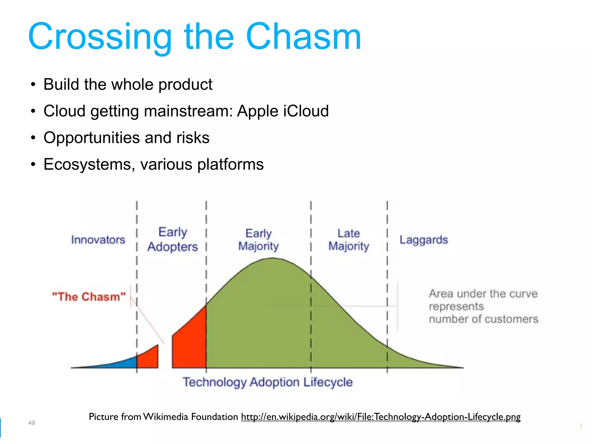 Crossing the Chasm
• Build the whole product
• Cloud getting mainstream: Apple iCloud
• Opportunities and risks
• Ecosystems, various platforms




        Picture from Wikimedia Foundation http://en.wikipedia.org/wiki/File:Technology-Adoption-Lifecycle.png
49
                                                                                      Google Developer Day 2010
 