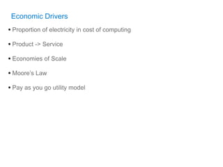 Economic Drivers
• Proportion of electricity in cost of computing
• Product -> Service
• Economies of Scale
• Moore’s Law
• Pay as you go utility model
 