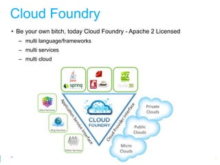 Cloud Foundry
• Be your own bitch, today Cloud Foundry - Apache 2 Licensed
     – multi language/frameworks
     – multi services
     – multi cloud




56
                                                   Google Developer Day 2010
 