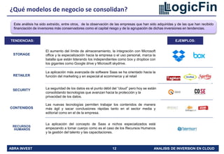 ABRA INVEST 12 ANALISIS DE INVERSION EN CLOUD
¿Qué modelos de negocio se consolidan?
Este análisis ha sido extraído, entre otros, de la observación de las empresas que han sido adquiridas y de las que han recibido
financiación de inversores más conservadores como el capital riesgo y de la agrupación de dichas inversiones en tendencias.
TENDENCIAS: EJEMPLOS:
El aumento del límite de almacenamiento, la integración con Microsoft
office y la especialización hacia la empresa o el uso personal, marca la
batalla que están liderando los independientes como box y dropbox con
los gigantes como Google drive y Microsoft skydrive.
STORAGE
RETAILER
La aplicación más avanzada de software Saas se ha orientado hacia la
función del marketing y en especial al ecommerce y al retail
SECURITY La seguridad de los datos es el punto débil del “cloud” pero hoy se están
consolidando tecnologías que avanzan hacia la protección y la
privacidad de los datos.
CONTENIDOS
Las nuevas tecnologías permiten trabajar los contenidos de manera
más ágil y sacar conclusiones rápidas tanto en el sector media y
editorial como en el de la empresa.
RECURSOS
HUMANOS
La aplicación del concepto de Saas a nichos especializados está
empezando a tomar cuerpo como es el caso de los Recursos Humanos
y la gestión del talento y las capacitaciones.
 