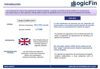 ABRA INVEST 3 ANALISIS DE INVERSION EN CLOUD
Introducción
Los inversores han visto en las empresas de “Cloud computing” europeas una fuente de oportunidades. En consecuencia
las rondas crecen un 30% cada año y desde 2009 se vienen consolidando como uno de los sectores preferidos de inversión.
CIFRAS
GEOGRAFÍA
INVERSORES MÁS
ACTIVOS
Desde el 2.009 al 2.013
Número Inversiones
Importe invertido 3.373M$
704 (+30% anual)
Gran Bretaña lidera el
ranking duplicando la
inversión sobre el
segundo (Irlanda)
Los dos fondos que lideran el
ranking por número de inversiones
tienen como partícipes a
Gobiernos (Irlandés y Alemán)
ANÁLISIS:
La cifra significativa de empresas que son adquiridas por
corporaciones o que reciben grandes importes de inversión
hacen prever la consolidación de modelos de negocio
Por ejemplo los segmentos como el almacenamiento de
datos, la seguridad, las aplicaciones de marketing y la
gestión de contenidos.
Por otra parte, todavía el 60% de las rondas son de
fase “angel” haciendo prever todavía la aparición de
nuevos modelos.
Por ejemplo los segmentos de herramientas de bigdata,
modelos colaborativos, y otras categorías como el
BaaS o el DaaS..
 