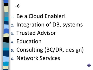 +6 Be a Cloud Enabler! Integration of DB, systems Trusted Advisor Education Consulting (BC/DR, design) Network Services  
