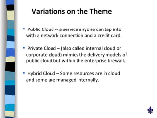 Variations on the Theme Public Cloud -- a service anyone can tap into with a network connection and a credit card.  Private Cloud – (also called internal cloud or corporate cloud) mimics the delivery models of public cloud but within the enterprise firewall. Hybrid Cloud – Some resources are in cloud and some are managed internally. 