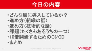 今日の内容
2
・どんな風に導入しているか？
・進め方（組織の話）
・進め方（技術的な話）
・課題（たくさんあるうちの一つ）
・10倍開発するためのCI/CD
・まとめ
 