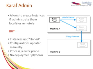 Karaf Admin
● Allows to create instances
                                            admin:create
 & administrate them            Karaf
                                “root”
                                                            Karaf
                                                            “toto”
 locally or remotely
                                                            Karaf
                               Machine AA
                                Machine                    “nestor”
 BUT
                                               Copy instance
● Instances not “cloned”
● Configurations updated
                                                            Karaf
                                                           “nestor”
  manually
● Process is error prone
                               Machine BB
                                Machine
● No deployment platform
 