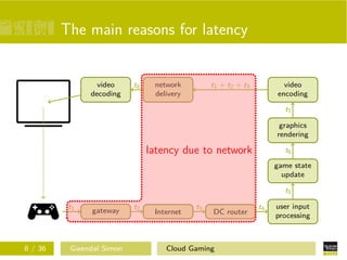 The main reasons for latency
gateway
t1
Internet
t2
DC router
t3 user input
processing
t4
game state
update
t5
graphics
rendering
t6
video
encoding
t7
network
delivery
t1 + t2 + t3video
decoding
t8
latency due to network
8 / 36 Gwendal Simon Cloud Gaming
 