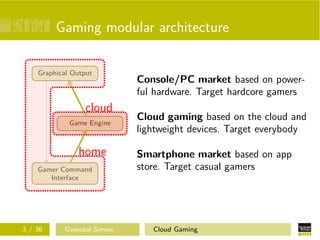 Gaming modular architecture
Gamer Command
Interface
Game Engine
Graphical Output
Console/PC market based on power-
ful hardware. Target hardcore gamers
Smartphone market based on app
store. Target casual gamers
Cloud gaming based on the cloud and
lightweight devices. Target everybody
cloud
home
3 / 36 Gwendal Simon Cloud Gaming
 