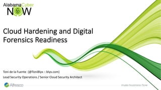 Toni de la Fuente (@ToniBlyx :: blyx.com)
Lead Security Operations / Senior Cloud Security Architect
Cloud Hardening and Digital
Forensics Readiness
 