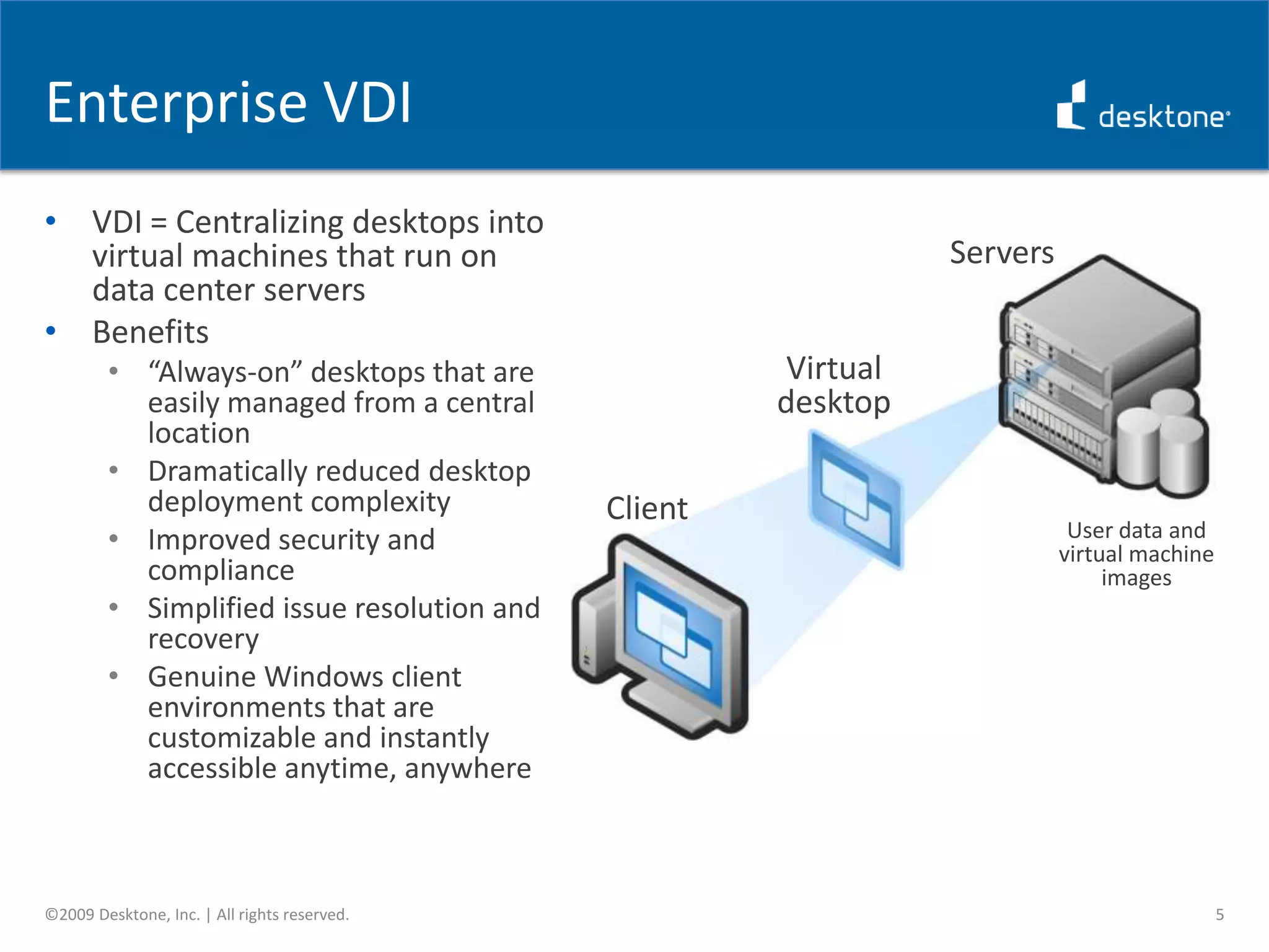 Enterprise VDIVDI = Centralizing desktops into virtual machines that run on data center serversBenefits“Always-on” desktops that are easily managed from a central location