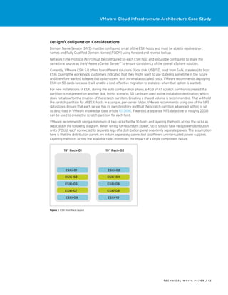 VMware Cloud Infrastructure Architecture Case Study




Design/Configuration Considerations
Domain Name Service (DNS) must be configured on all of the ESXi hosts and must be able to resolve short
names and Fully Qualified Domain Names (FQDN) using forward and reverse lookup.
Network Time Protocol (NTP) must be configured on each ESXi host and should be configured to share the
same time source as the VMware vCenter Server™ to ensure consistency of the overall vSphere solution.
Currently, VMware ESXi 5.0 offers four different solutions (local disk, USB/SD, boot from SAN, stateless) to boot
ESXi. During the workshops, customers indicated that they might want to use stateless sometime in the future
and therefore wanted to leave that option open, with minimal associated costs. VMware recommends deploying
ESXi on SD cards because it will enable a cost-effective migration to stateless when that option is wanted.
For new installations of ESXi, during the auto configuration phase, a 4GB VFAT scratch partition is created if a
partition is not present on another disk. In this scenario, SD cards are used as the installation destination, which
does not allow for the creation of the scratch partition. Creating a shared volume is recommended. That will hold
the scratch partition for all ESXi hosts in a unique, per-server folder. VMware recommends using one of the NFS
datastores. Ensure that each server has its own directory and that the scratch partition advanced setting is set
as described in VMware knowledge base article 1033696. If wanted, a separate NFS datastore of roughly 20GB
can be used to create the scratch partition for each host.
VMware recommends using a minimum of two racks for the 10 hosts and layering the hosts across the racks as
depicted in the following diagram. When wiring for redundant power, racks should have two power distribution
units (PDUs), each connected to separate legs of a distribution panel or entirely separate panels. The assumption
here is that the distribution panels are in turn separately connected to different uninterrupted power supplies.
Layering the hosts across the available racks minimizes the impact of a single component failure.


            19” Rack-01                 19” Rack-02




              ESXi-01                    ESXi-02

             ESXi-03                     ESXi-04

             ESXi-05                     ESXi-06

             ESXi-07                     ESXi-08

              ESXi-09                    ESXi-10



Figure 2. ESXi Host Rack Layout




                                                                                 TECH N I C AL WH ITE PAPE R / 12
 
