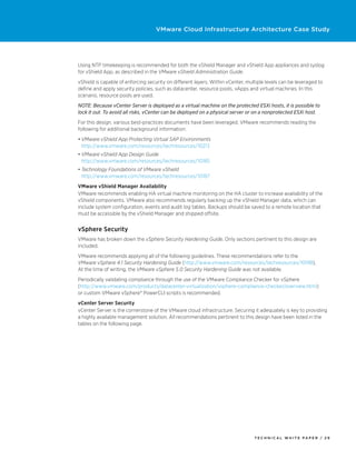 VMware Cloud Infrastructure Architecture Case Study




Using NTP timekeeping is recommended for both the vShield Manager and vShield App appliances and syslog
for vShield App, as described in the VMware vShield Administration Guide.
vShield is capable of enforcing security on different layers. Within vCenter, multiple levels can be leveraged to
define and apply security policies, such as datacenter, resource pools, vApps and virtual machines. In this
scenario, resource pools are used.
NOTE: Because vCenter Server is deployed as a virtual machine on the protected ESXi hosts, it is possible to
lock it out. To avoid all risks, vCenter can be deployed on a physical server or on a nonprotected ESXi host.
For this design, various best-practices documents have been leveraged, VMware recommends reading the
following for additional background information:
•	VMware vShield App Protecting Virtual SAP Environments
  http://www.vmware.com/resources/techresources/10213
•	VMware vShield App Design Guide
  http://www.vmware.com/resources/techresources/10185
•	Technology Foundations of VMware vShield
  http://www.vmware.com/resources/techresources/10187
VMware vShield Manager Availability
VMware recommends enabling HA virtual machine monitoring on the HA cluster to increase availability of the
vShield components. VMware also recommends regularly backing up the vShield Manager data, which can
include system configuration, events and audit log tables. Backups should be saved to a remote location that
must be accessible by the vShield Manager and shipped offsite.


vSphere Security
VMware has broken down the vSphere Security Hardening Guide. Only sections pertinent to this design are
included.
VMware recommends applying all of the following guidelines. These recommendations refer to the
VMware vSphere 4.1 Security Hardening Guide (http://www.vmware.com/resources/techresources/10198).
At the time of writing, the VMware vSphere 5.0 Security Hardening Guide was not available.
Periodically validating compliance through the use of the VMware Compliance Checker for vSphere
(http://www.vmware.com/products/datacenter-virtualization/vsphere-compliance-checker/overview.html)
or custom VMware vSphere® PowerCLI scripts is recommended.
vCenter Server Security
vCenter Server is the cornerstone of the VMware cloud infrastructure. Securing it adequately is key to providing
a highly available management solution. All recommendations pertinent to this design have been listed in the
tables on the following page.




                                                                                 TECH N I C AL WH ITE PAPE R / 2 9
 