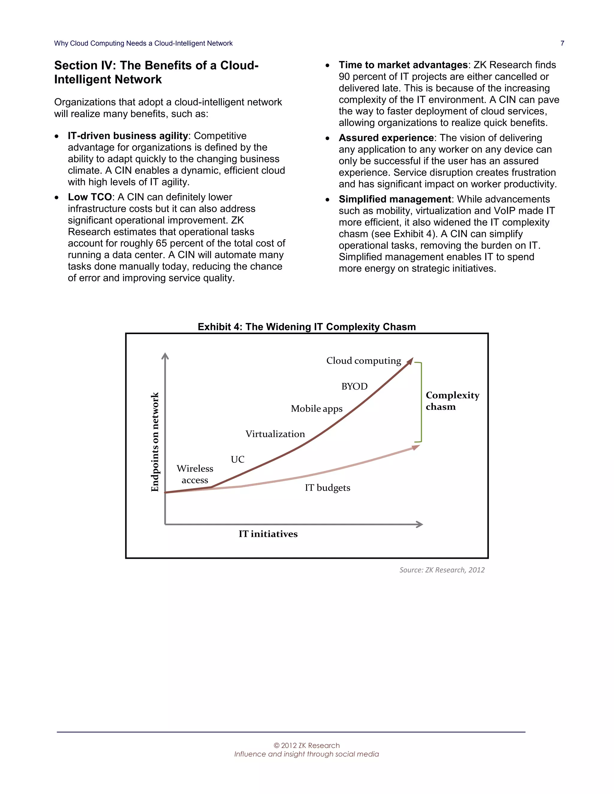 Why Cloud Computing Needs a Cloud-Intelligent Network                                                                                          7


Section IV: The Benefits of a Cloud-                                                     Time to market advantages: ZK Research finds
Intelligent Network                                                                       90 percent of IT projects are either cancelled or
                                                                                          delivered late. This is because of the increasing
Organizations that adopt a cloud-intelligent network                                      complexity of the IT environment. A CIN can pave
will realize many benefits, such as:                                                      the way to faster deployment of cloud services,
                                                                                          allowing organizations to realize quick benefits.
 IT-driven business agility: Competitive                                                Assured experience: The vision of delivering
  advantage for organizations is defined by the                                           any application to any worker on any device can
  ability to adapt quickly to the changing business                                       only be successful if the user has an assured
  climate. A CIN enables a dynamic, efficient cloud                                       experience. Service disruption creates frustration
  with high levels of IT agility.                                                         and has significant impact on worker productivity.
 Low TCO: A CIN can definitely lower                                                    Simplified management: While advancements
  infrastructure costs but it can also address                                            such as mobility, virtualization and VoIP made IT
  significant operational improvement. ZK                                                 more efficient, it also widened the IT complexity
  Research estimates that operational tasks                                               chasm (see Exhibit 4). A CIN can simplify
  account for roughly 65 percent of the total cost of                                     operational tasks, removing the burden on IT.
  running a data center. A CIN will automate many                                         Simplified management enables IT to spend
  tasks done manually today, reducing the chance                                          more energy on strategic initiatives.
  of error and improving service quality.



                                                       Exhibit 4: The Widening IT Complexity Chasm


                                                                                        Cloud computing

                                                                                            BYOD
                                                                                                                  Complexity
                            Endpoints on network




                                                                              Mobile apps                         chasm

                                                                   Virtualization

                                                              UC
                                                   Wireless
                                                    access
                                                                                  IT budgets



                                                               IT initiatives


                                                                                                           Source: ZK Research, 2012




                                                                         © 2012 ZK Research
                                                              Influence and insight through social media
 